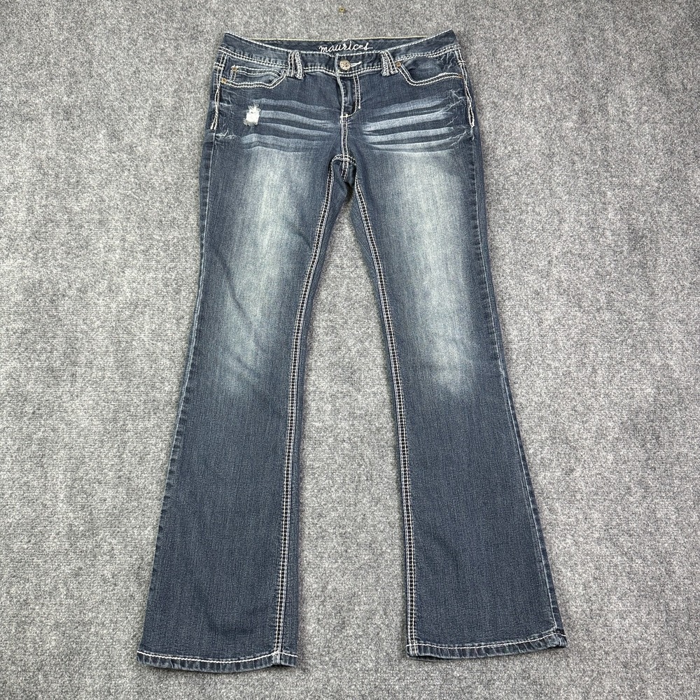 Maurices Womens Bootcut Jeans 9/10 Stretch Low Rise Flap Pockets Heavy Stitch